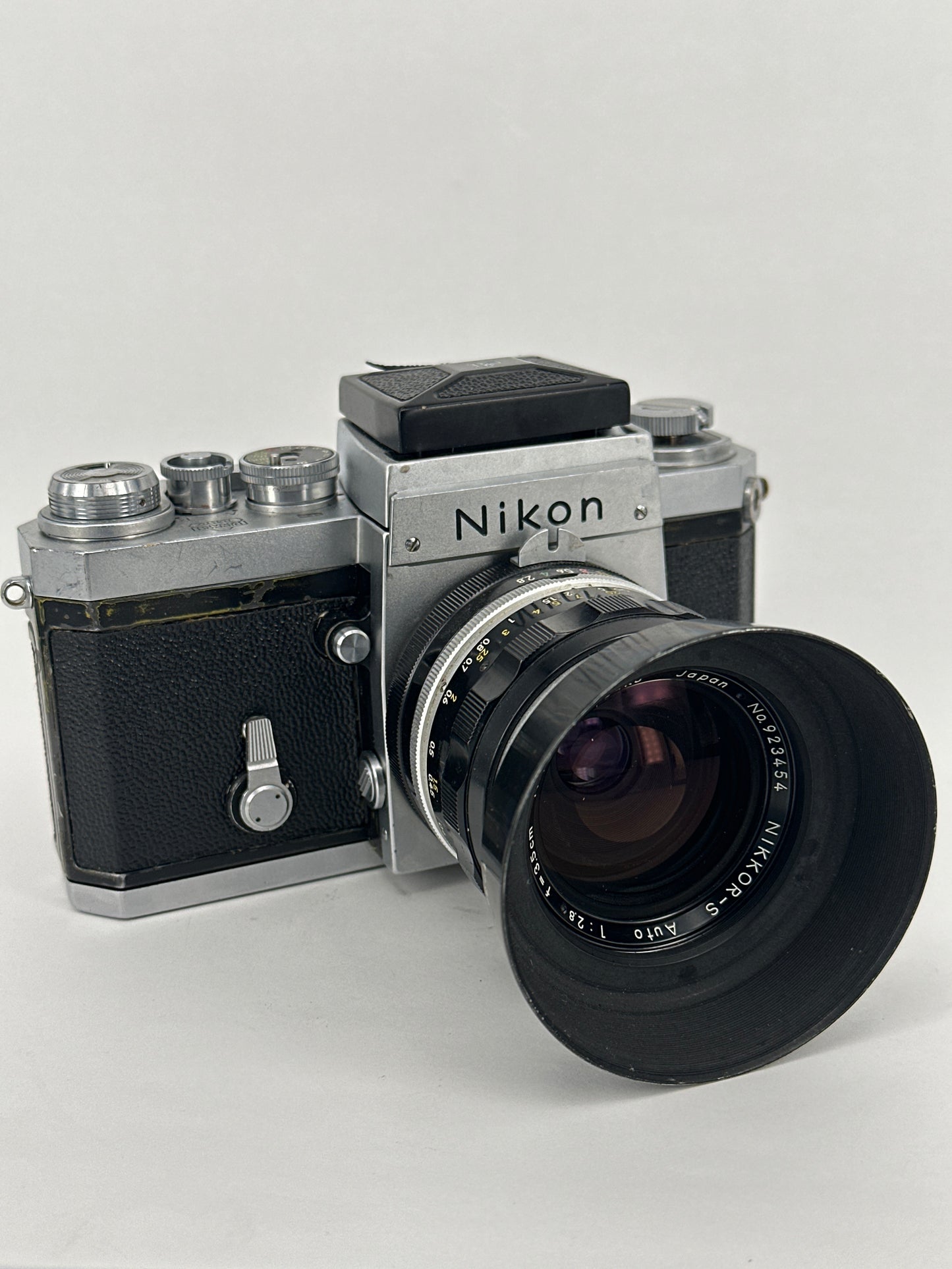 Nikon F with waist level finder, Nikkor-S Auto 3.5cm f2.8 lens and lens hood
