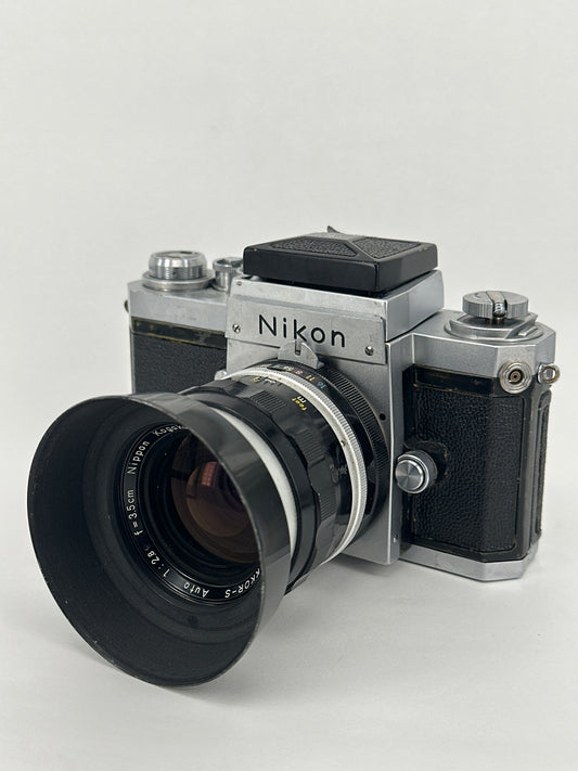 Nikon F with waist level finder, Nikkor-S Auto 3.5cm f2.8 lens and lens hood