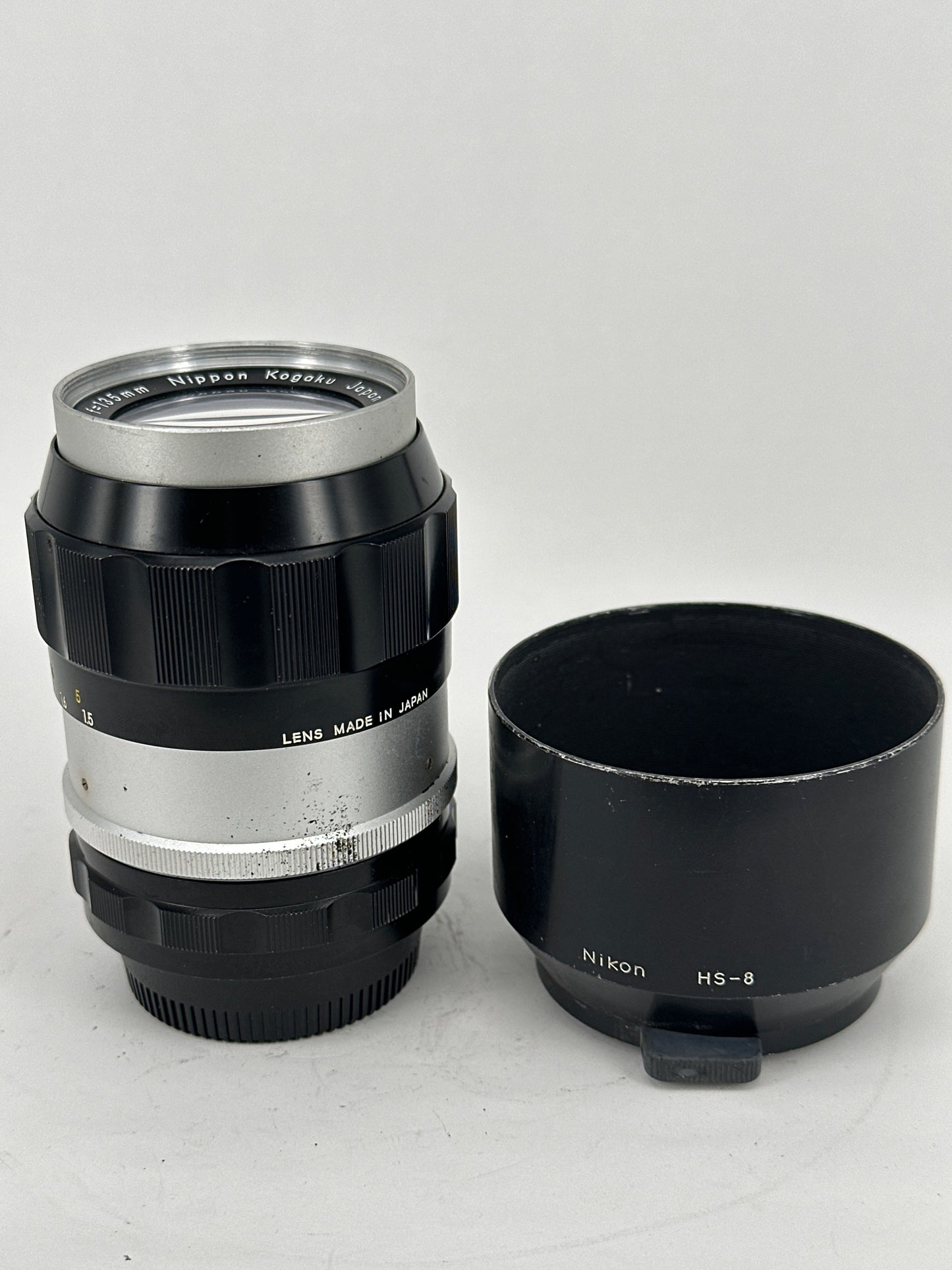 Nikkor-Q Auto 135mm f3.5 Pre-AI with AI adaptation lens and Nikon HS-8 hood